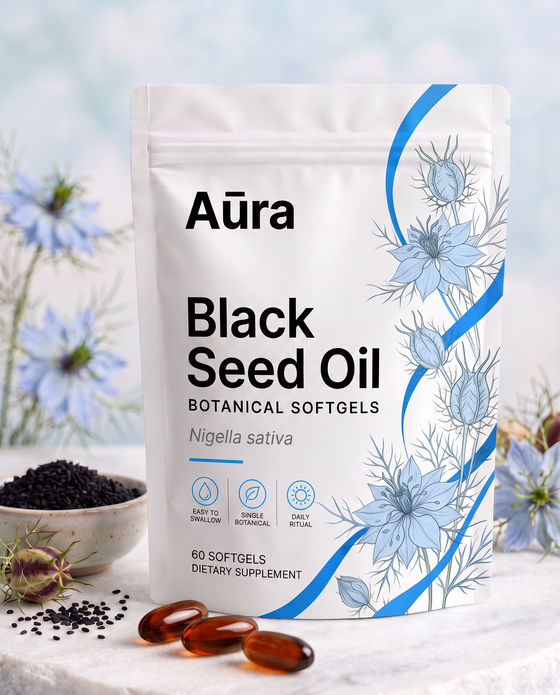 Aūra Black Seed Oil botanical softgels pouch