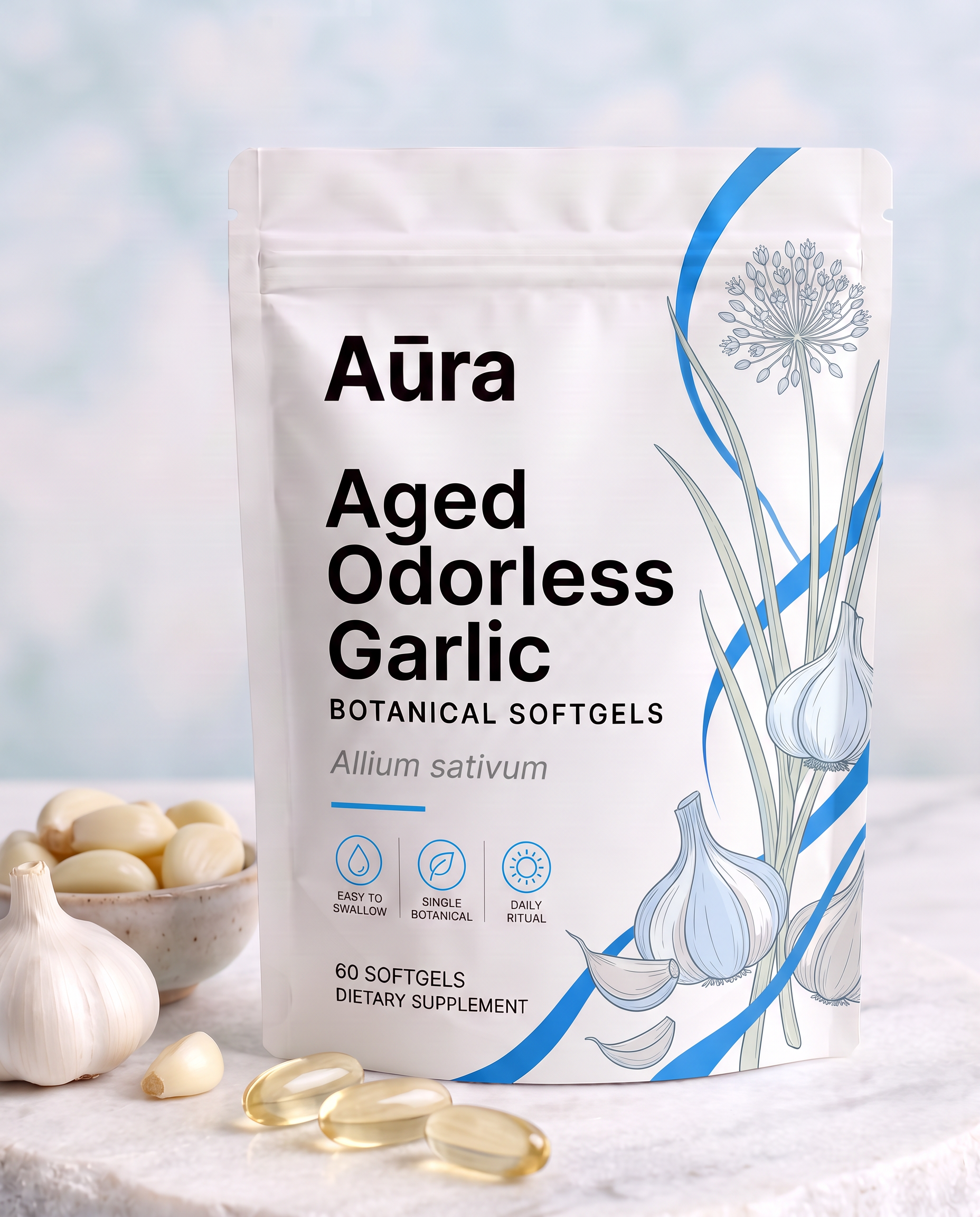 Aūra Aged Odorless Garlic botanical softgels pouch