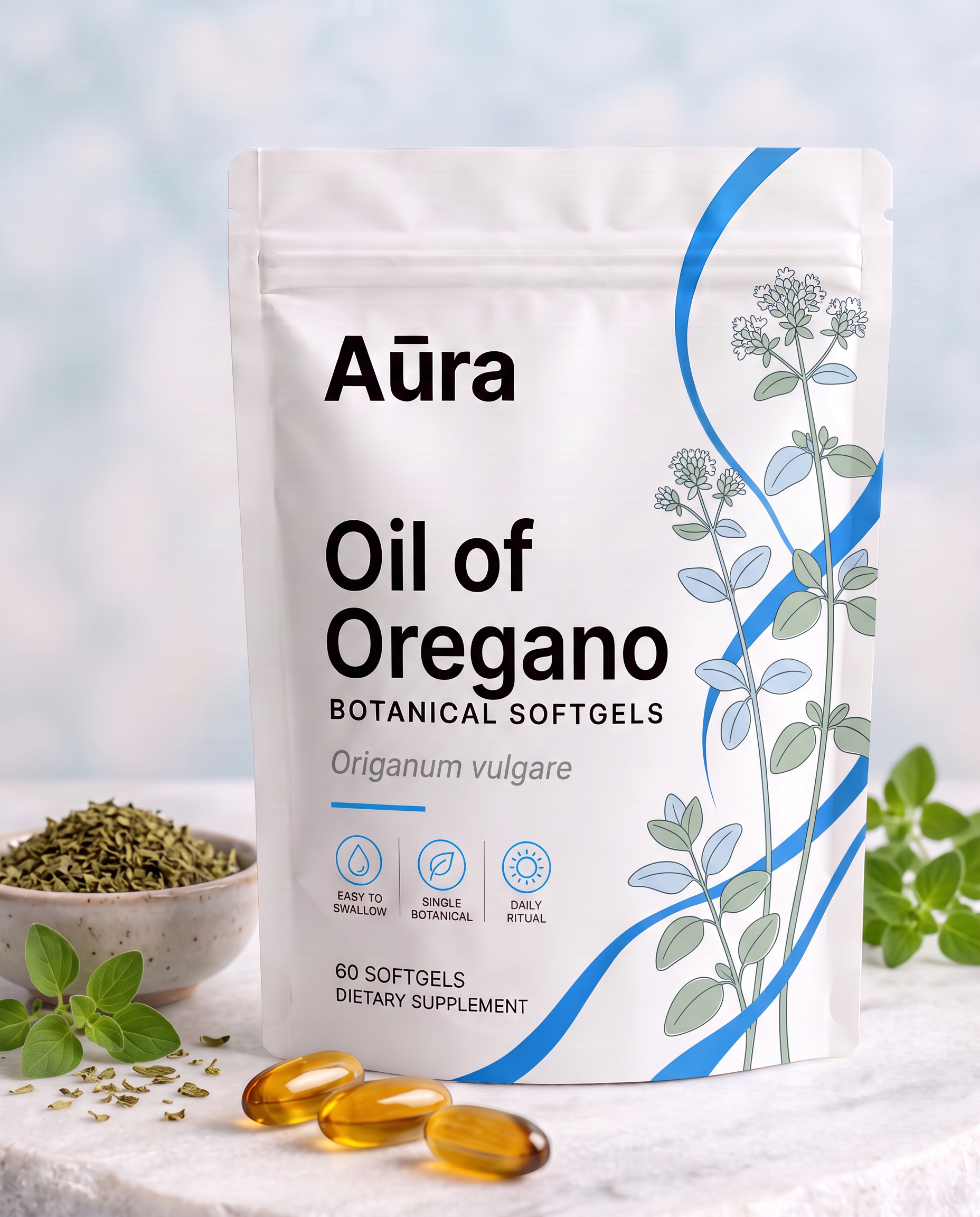 Aūra Oil of Oregano botanical softgels pouch