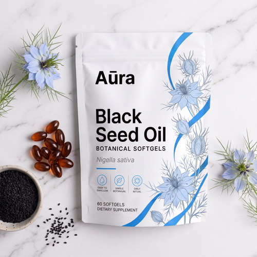 Aūra Black Seed Oil pouch with softgels and black seeds