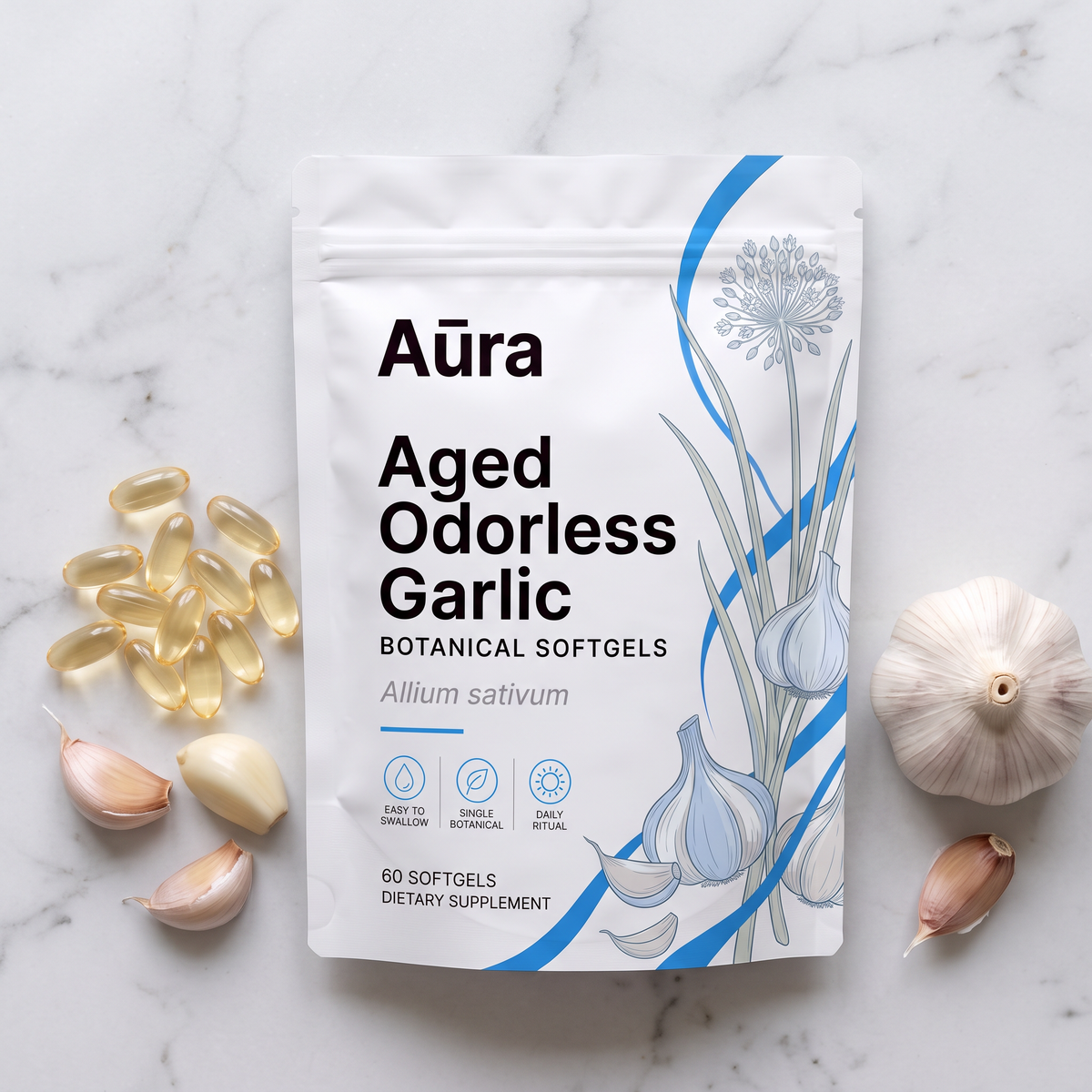 Aūra Aged Odorless Garlic pouch with softgels and garlic