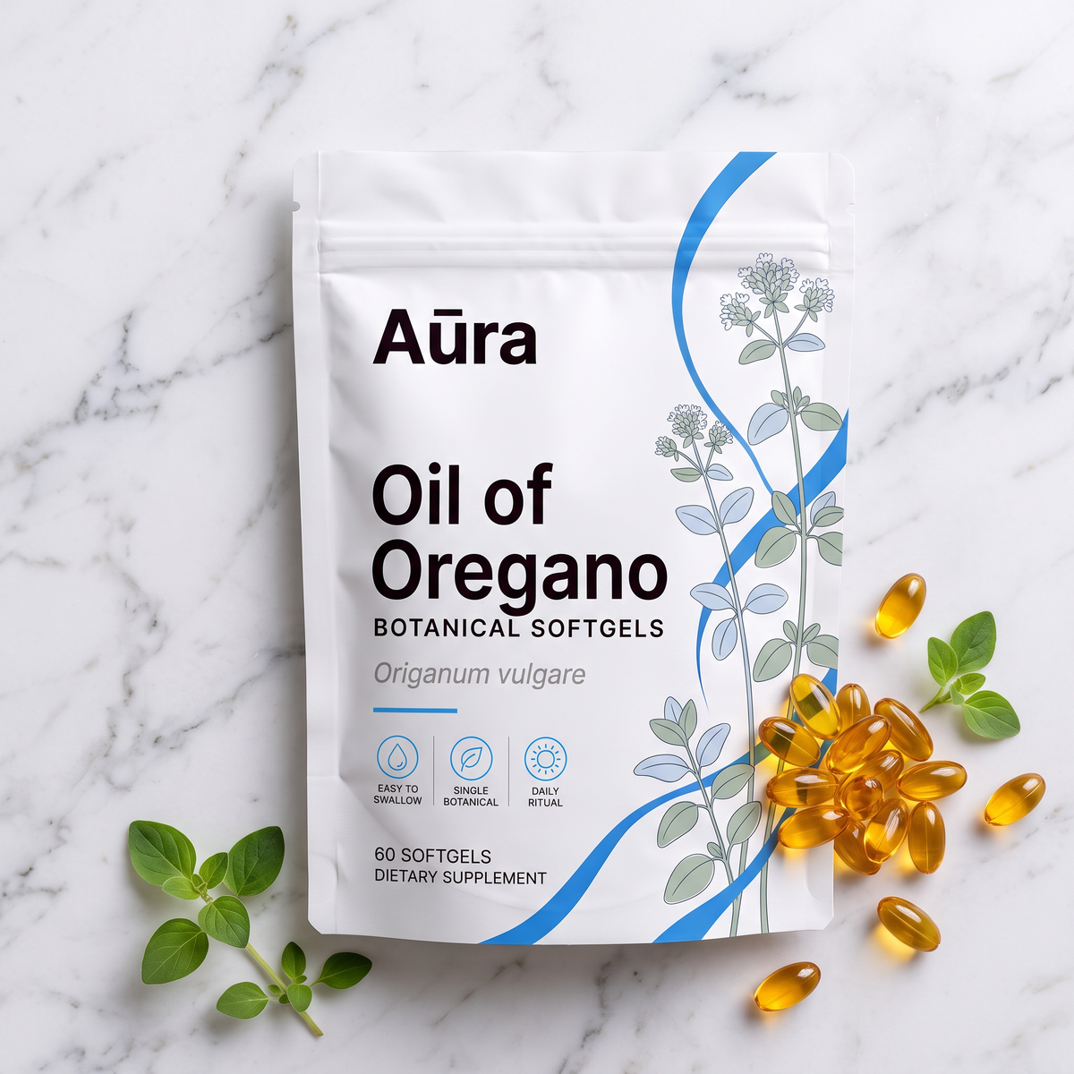 Aūra Oil of Oregano pouch with softgels and oregano