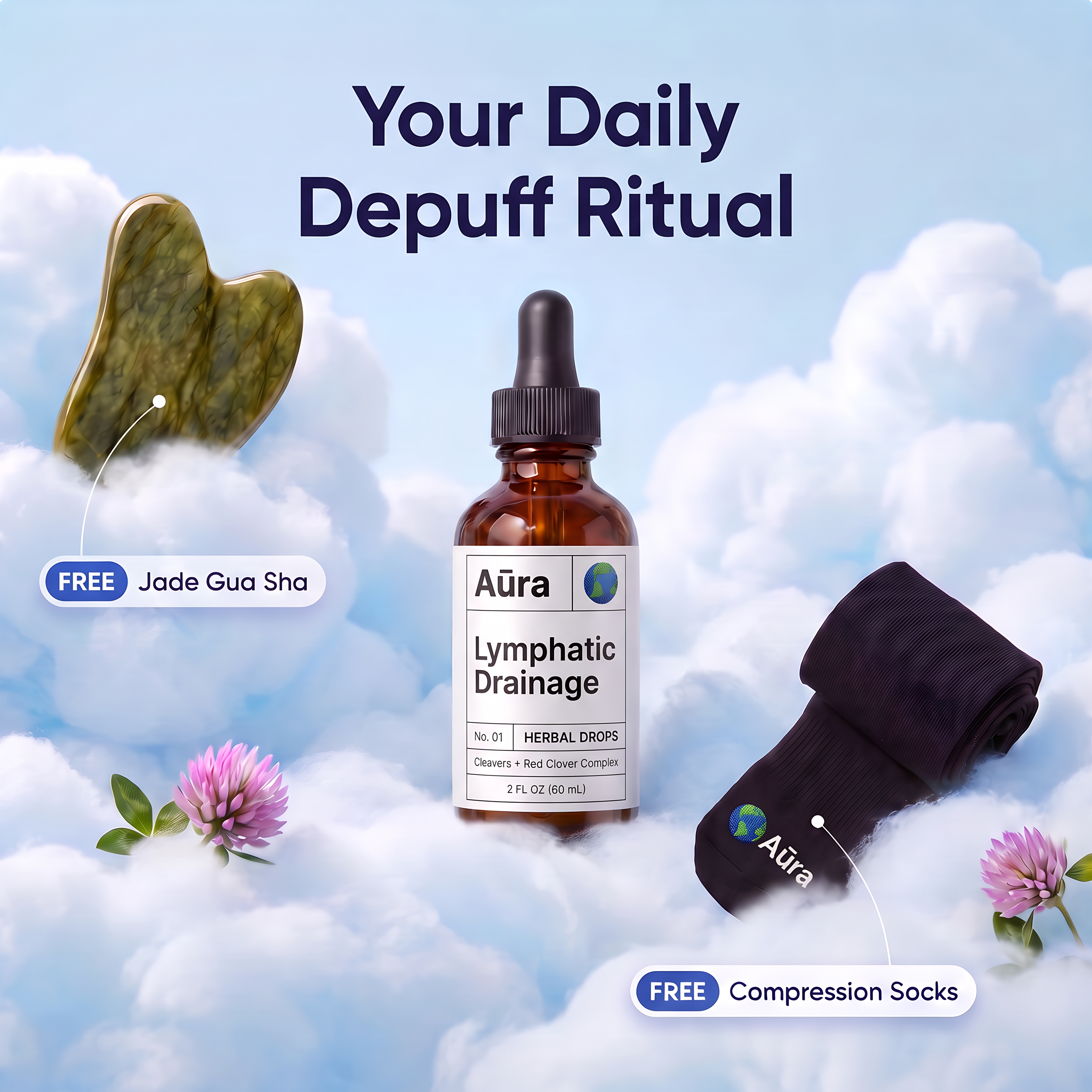 Aura Lymphatic Drainage Drops with free jade gua sha and compression socks